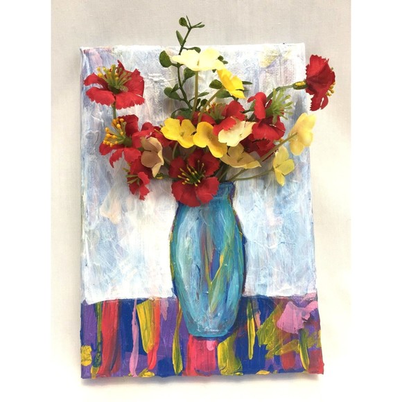 Original Art Floral Mixed Media Acrylic Painting Colorful Decor Red Yellow 7 x 5 - Picture 2 of 6